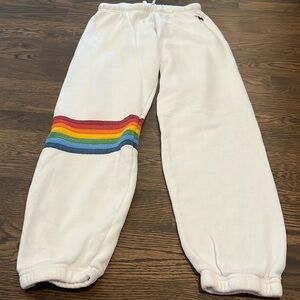 Aviator Nation White Track Pants with Rainbow Stripes
